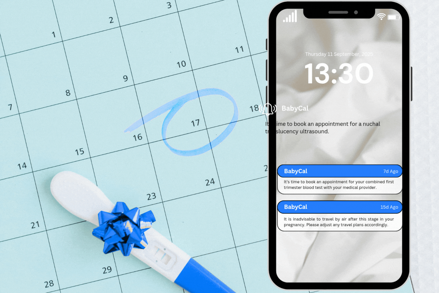 Calendar with date circled and pregnancy test with an example of the SMS messages you will receiv